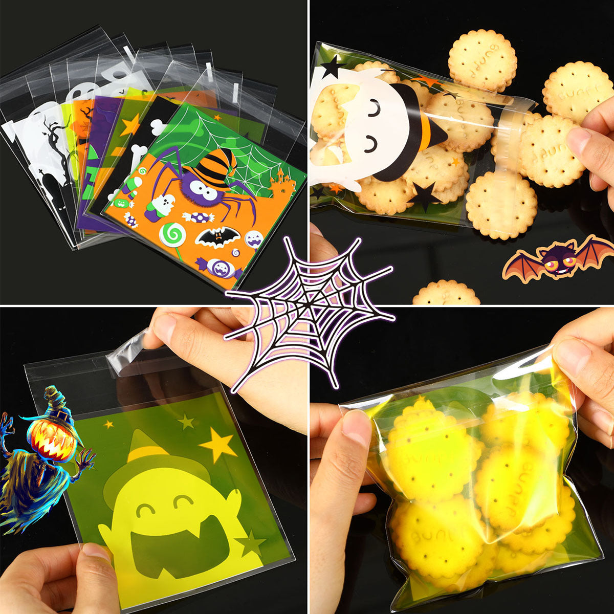 450 Pcs Halloween Cellophane Treat Bags  Self-sealing Clear Candy Cookie Bags Pumpkin Ghost Black Cat Skull Trick Or Treat Bags For Halloween Birthday Trick Or Treat Party Favors Supplies